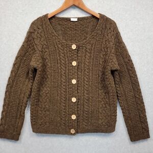 Celtic & Co Pure New Wool Cardigan Sweater Size M Choco Brown Cable Chunky Knit